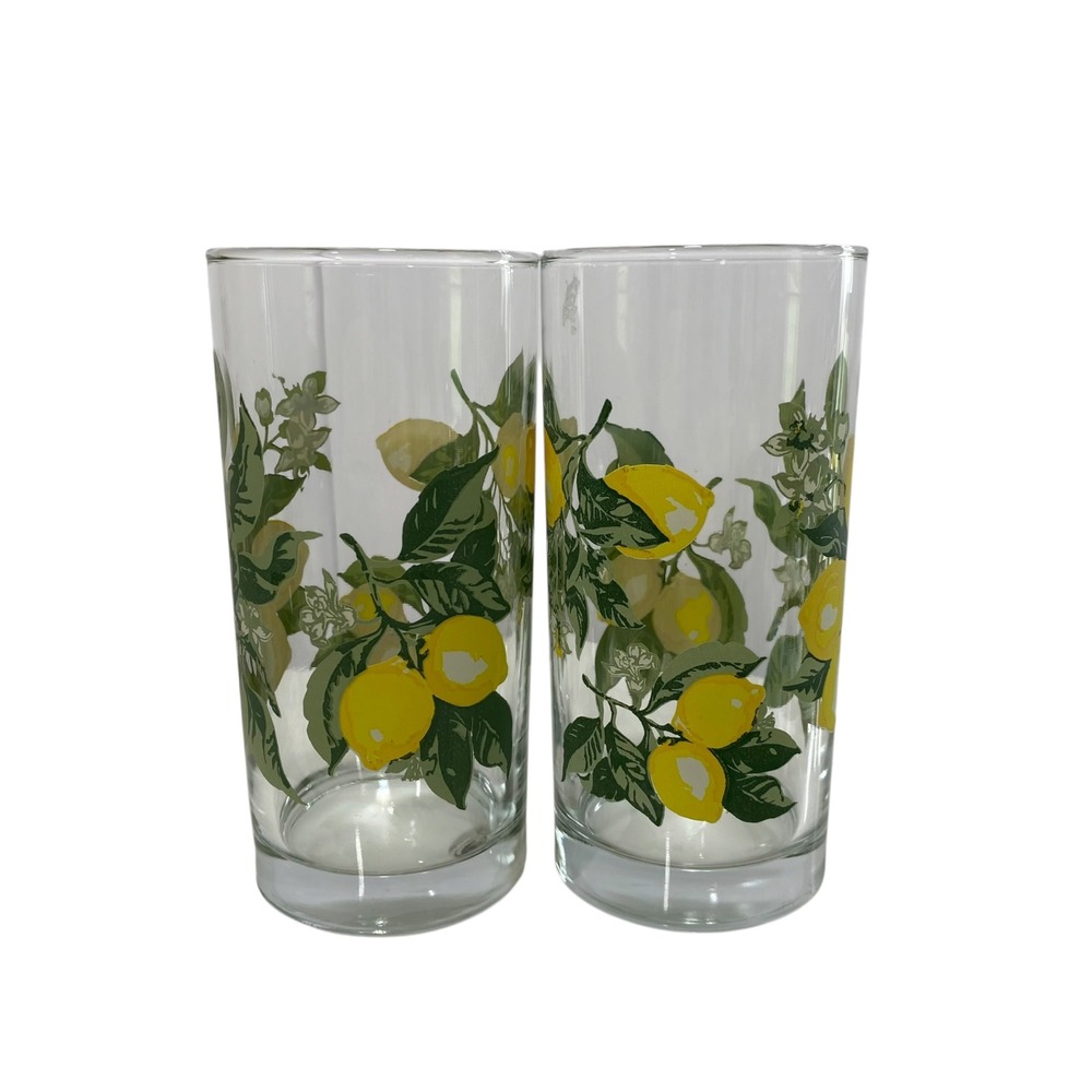 Vintage Lemon Citrus Highball Glasses Set of 2 Clear Glass Yellow Fruit Print